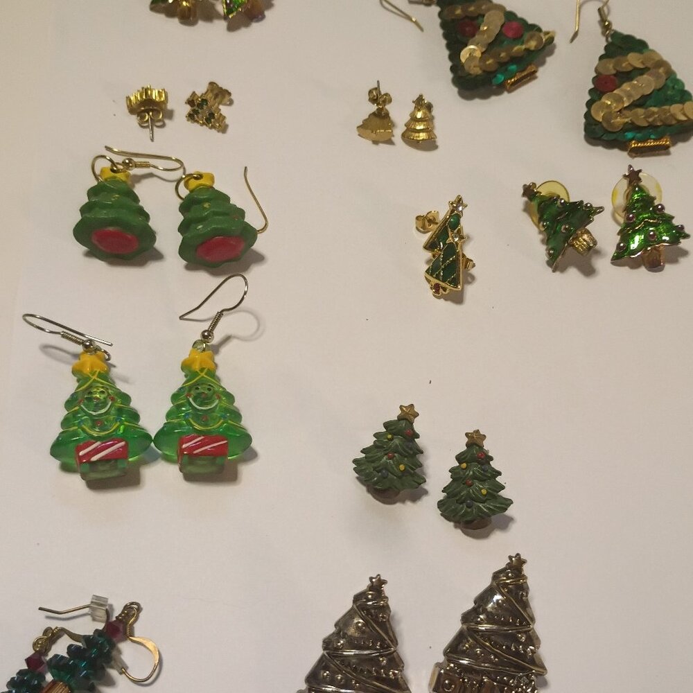 Lot of Ten Pair Vintage Christmas Tree Earrings - Soooo Cute!